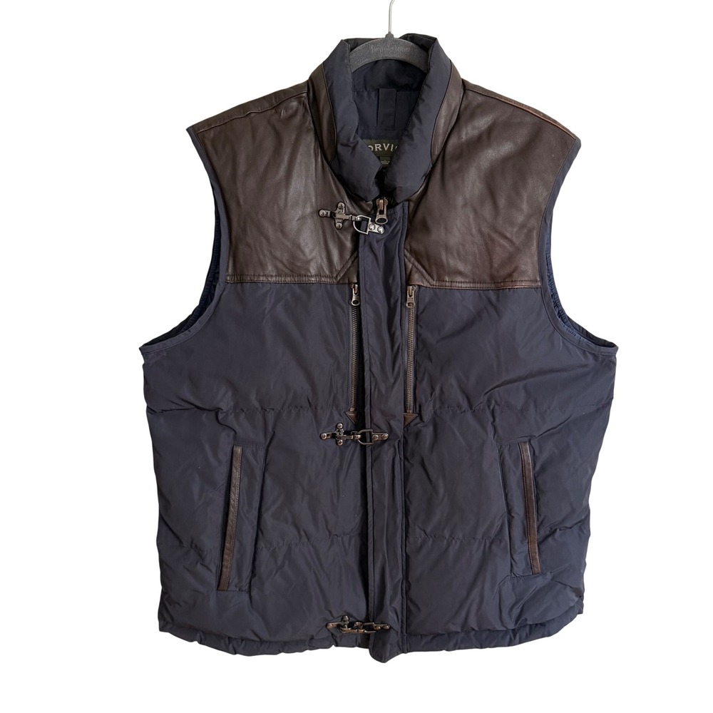 Orvis Mens Down Puffer Vest Leather Yoke Navy Blue Large Fall Winter Preppy